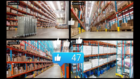 thumbs up animation over surveillance footage of warehouse aisles and shelves