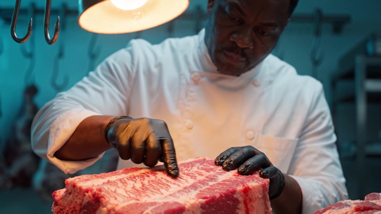 Master Butcher Skillfully Prepares High-Quality Cut of Meat Under Warm Light, Showcasing Expertise in the Art of Butchery and Meat Selection Techniques