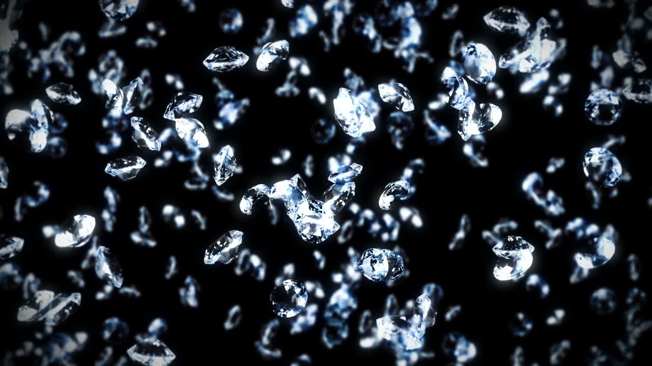 검은 바탕에 많은 보석 다이아몬드를 날아. 투명하고 귀중한 보석을 빛니다. 화려한 다이아먼드의 3d 애니메이션 회전. 루프 애니메이션.