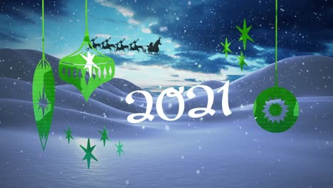 animación de texto de 2021 con adornos sobre santa claus en trineo con renos sobre el paisaje de invierno