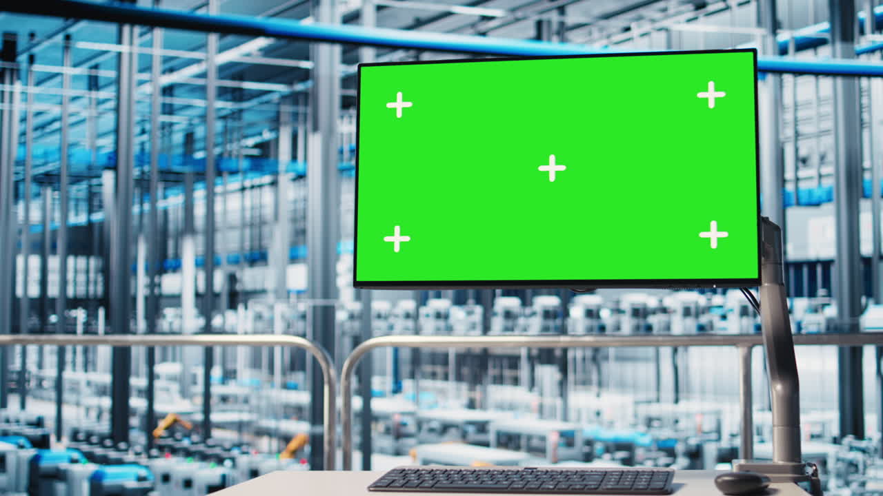 Industrial plant mockup display visualizing robotic arms performance metrics