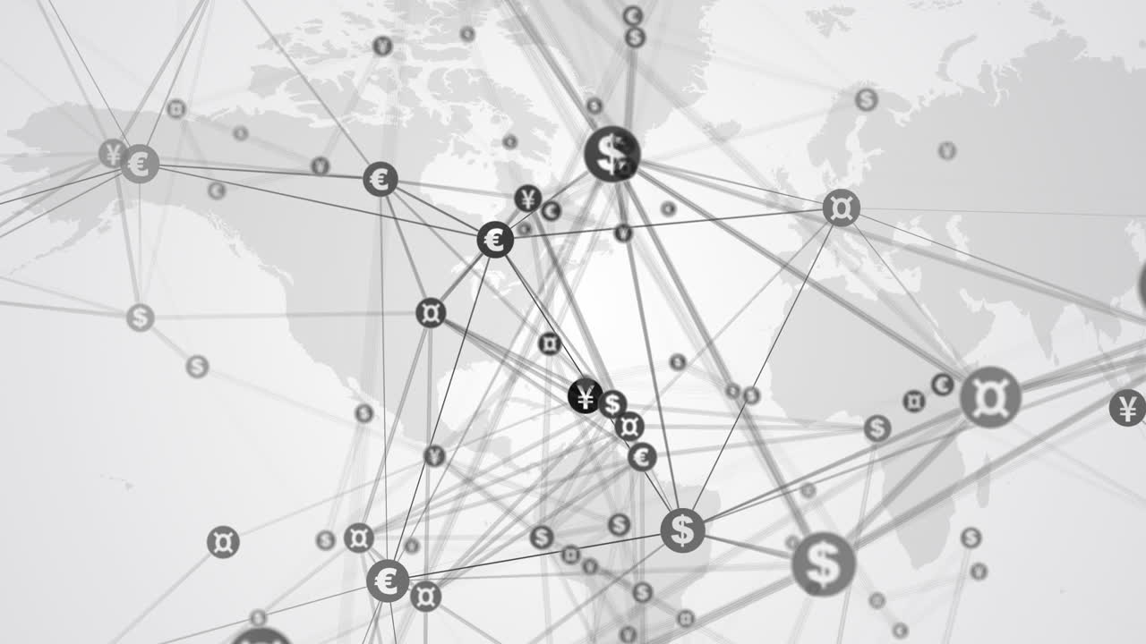 Currency symbols in circles connected by lines move chaotically on white world map background. Looped animation with blurred money coins.