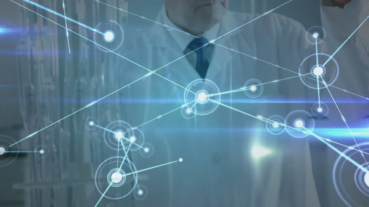 Scientist interacting with digital network connections and data processing animation