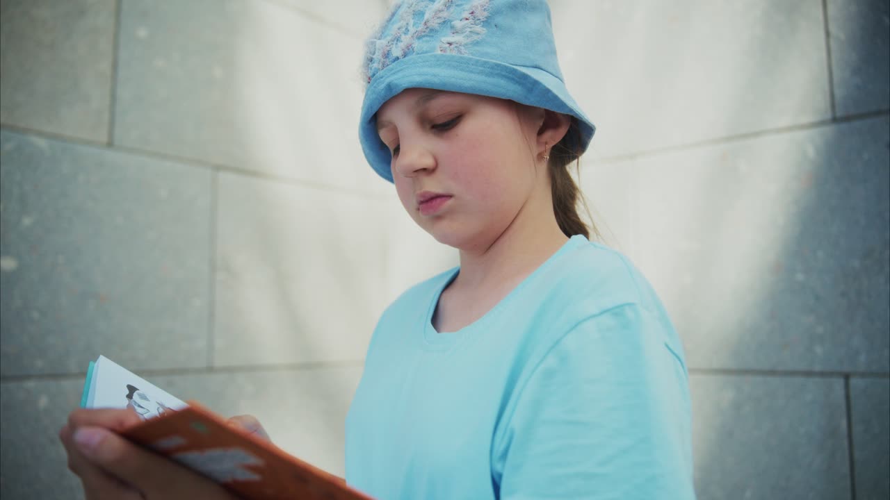 Bambina con cappello blu legge un libro. Sembra concentrata e calma. La luce del sole illumina la sua espressione delicata. Perfetto per temi legati all'istruzione, alla lettura o all'infanzia. Utilizzabile a scuola o in biblioteca.