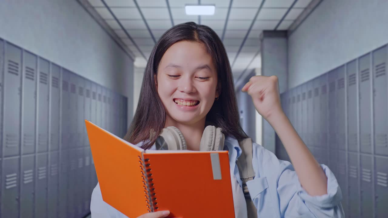 배을 들고 있는 아시아 십대 소녀 학생이 책을 읽고 소리치는 목표를 축하하고 복도에서 성공적인 학습을 축하하고 있습니다.