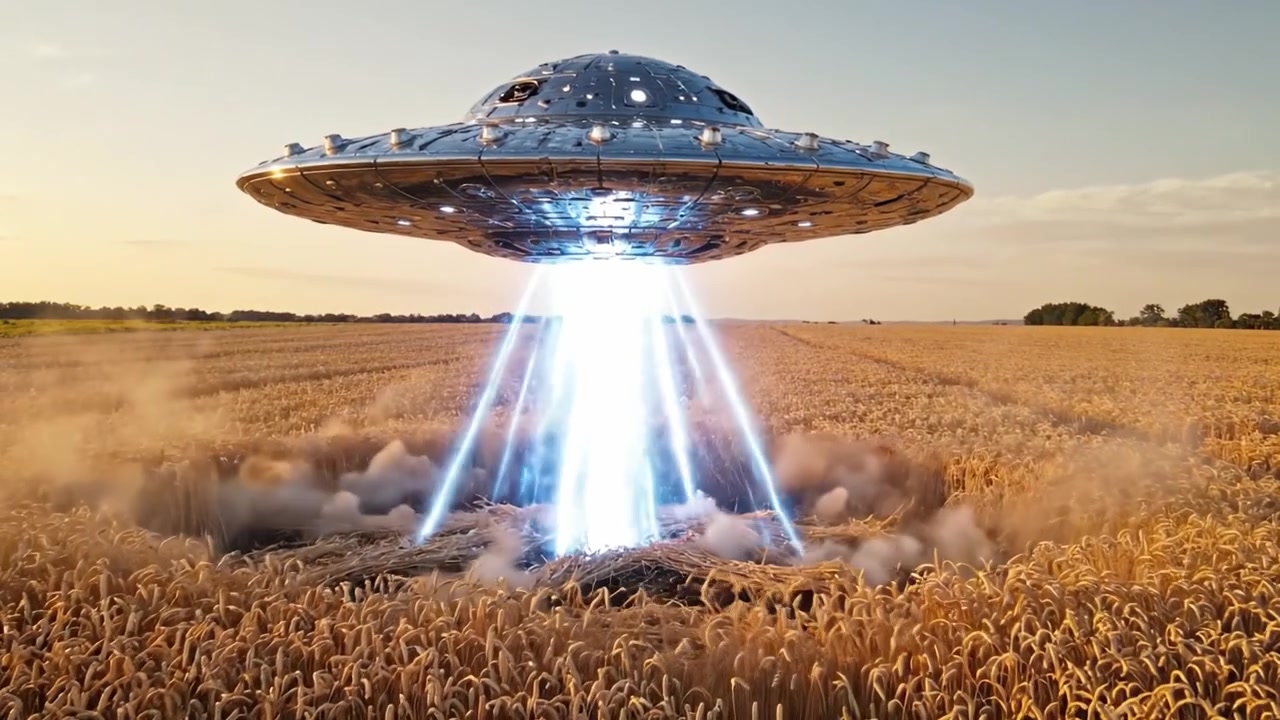 A Mysterious Alien Spaceship Emerges from a Golden Wheat Field, Emitting Bright Rays of Light While Hovering Above the Ground in a Stunning Sci-Fi Scene