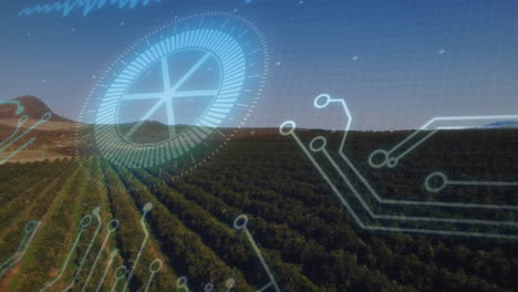 Digital holographic gauge overlaying vineyard rows, featuring circuit patterns in flat design