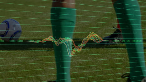 male player capturing match data on pitch with ball overlaying sports analytics grid and waveforms