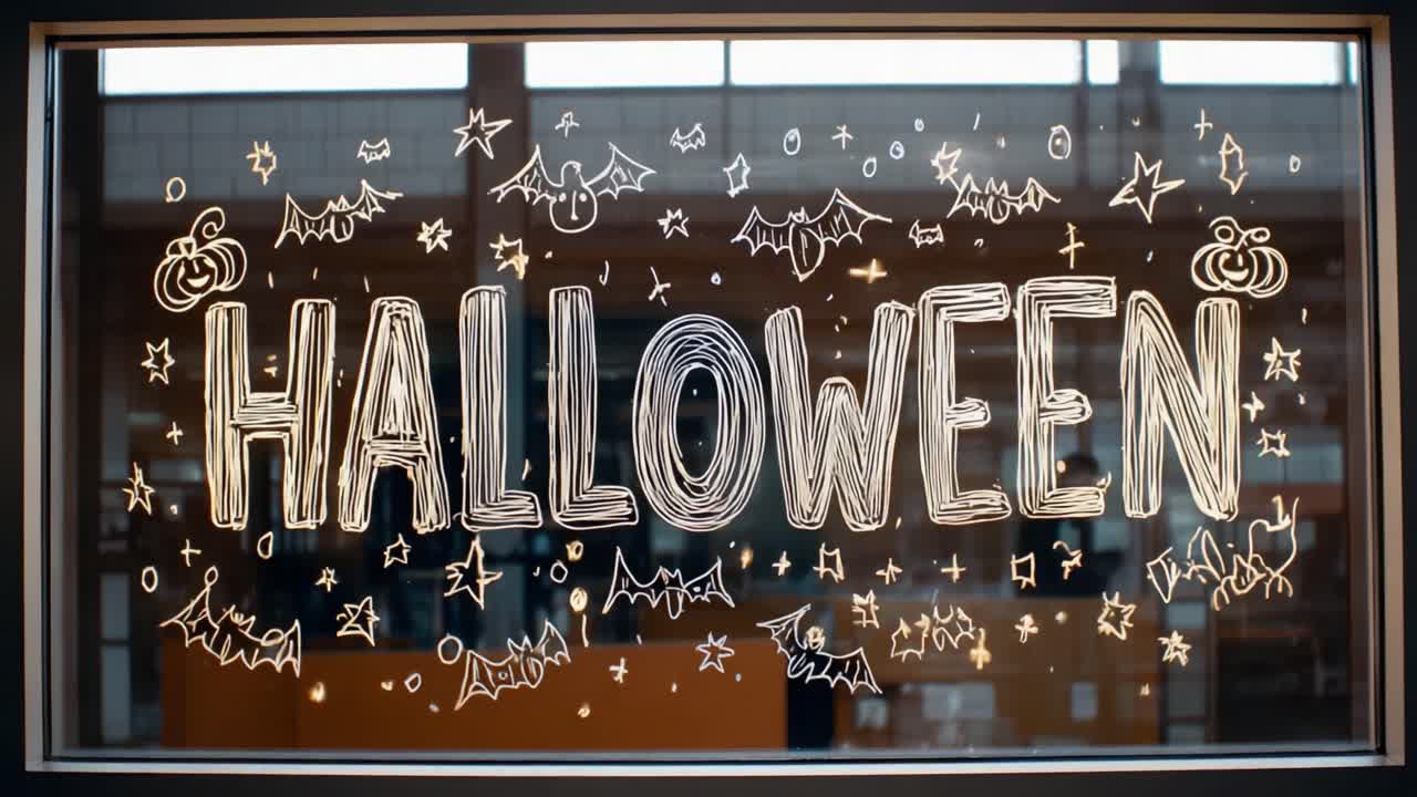 Animated Halloween lettering hand drawn on a glass window with white chalk marker, featuring spooky bats, pumpkins, and stars slowly appearing and twinkling for a festive, ghostly celebration