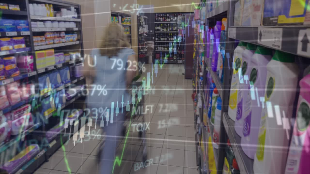 가게에서 백인 여성에 대한 데이터 처리 애니메이션