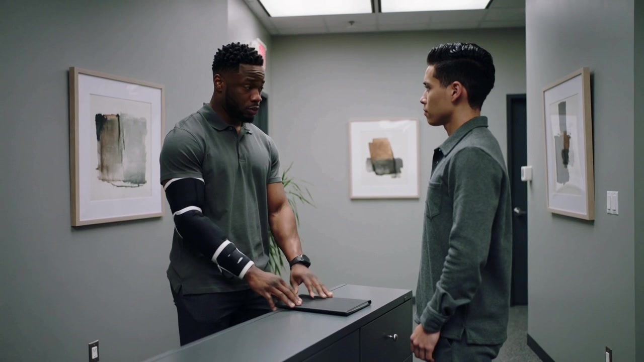 Extending laptop, man starting handoff to coworker across counter for review, in polo and sweater
