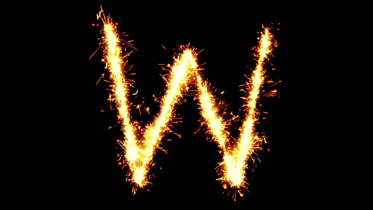 Alphabet w text sparkler writing with glitter sparks particles firework on black 4k loop background