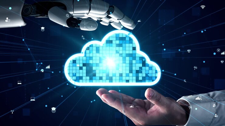 Futuristic robot artificial intelligence enlightening AI technology concept