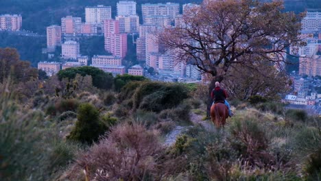 Persona-En-Un-Caballo-Caminando-En-La-Naturaleza-Cerca-De-Una-Gran-Ciudad-Al-Atardecer