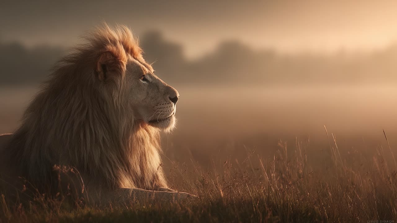Majestic Lion in Golden Light: A Stunning Representation of Nature's Majesty Captured in Two Frames of Serene Stillness and Regal Beauty