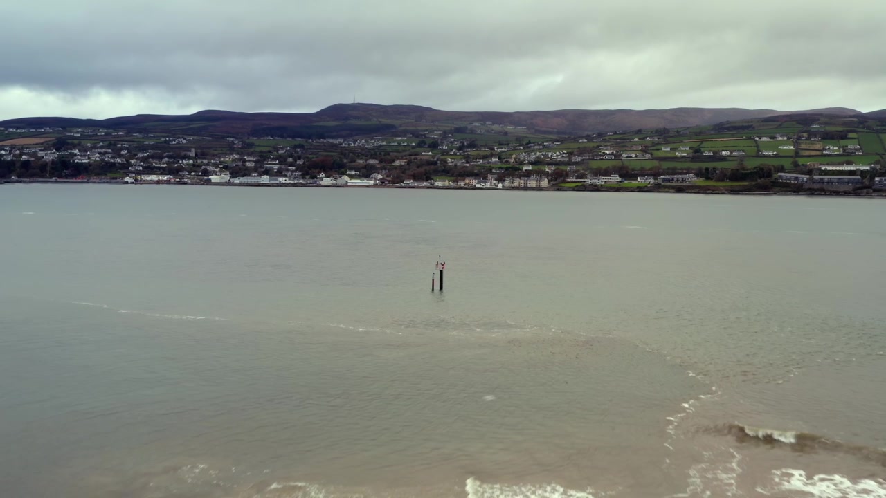 Ripresa aerea con drone in dolly sopra cormorani europei su una struttura vicino alla Torre Martello a Magilligan Point, sulla costa irlandese