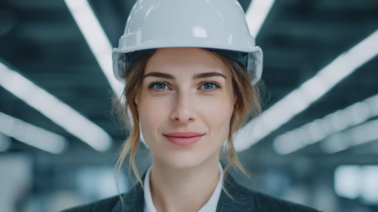 A confident professional woman in a hard hat smiles warmly at the camera, embodying leadership and expertise in the construction and engineering fields