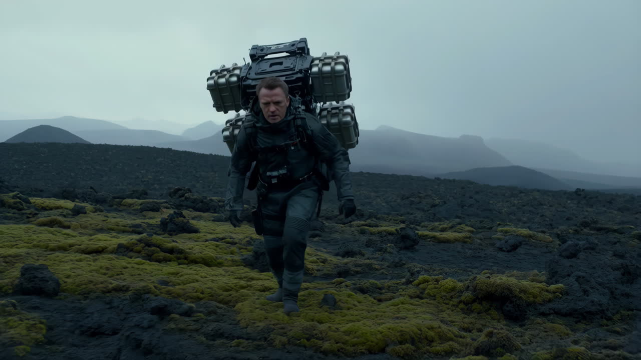 Man with backpack walking in a mossy landscape