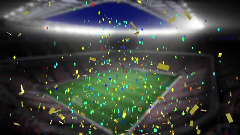 Animation-of-multi-coloured-confetti-falling-over-empty-sports-stadium