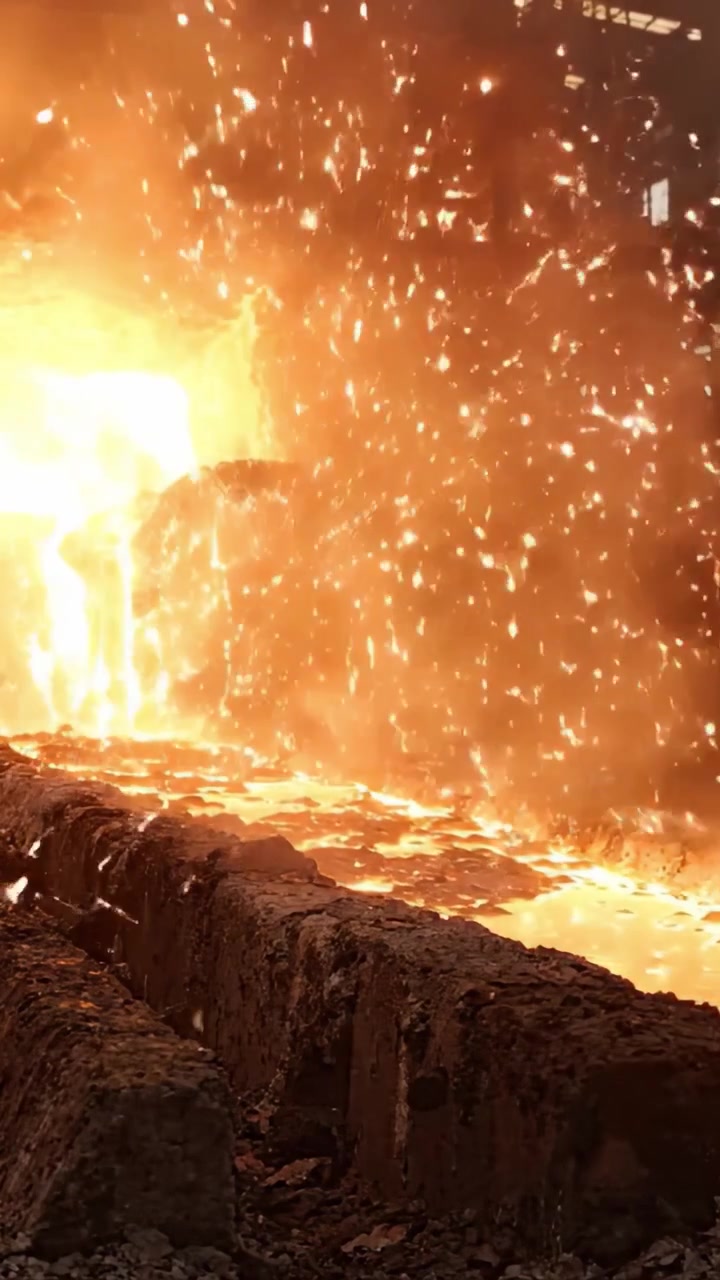 Intensa lavorazione industriale del metallo: fornace ardente che erutta materiale fuso e fumo, mostrando la potenza del calore e della trasformazione nella produzione dell'acciaio.