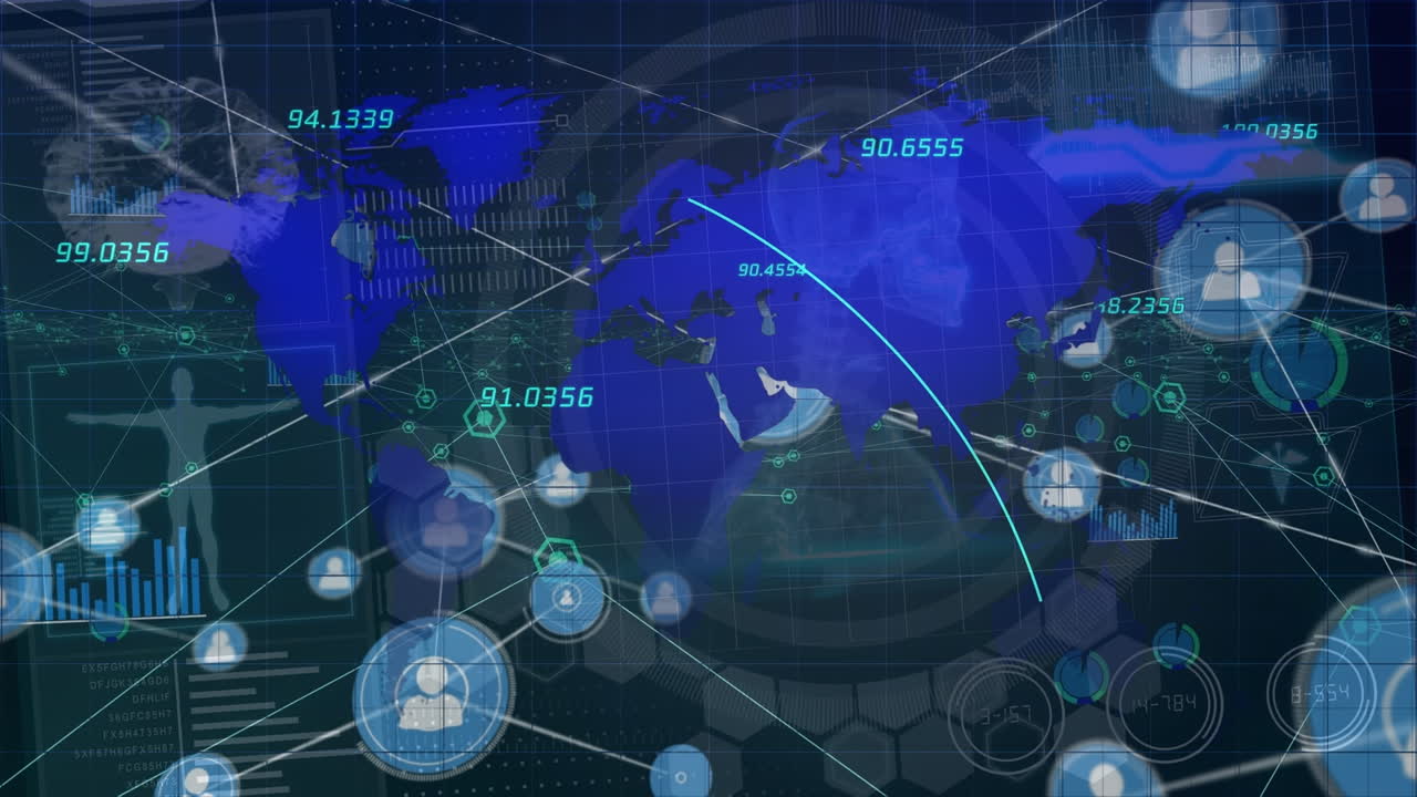 검은색 배경에 데이터 처리 및 세계 지도에 대한 연결 네트워크의 애니메이션