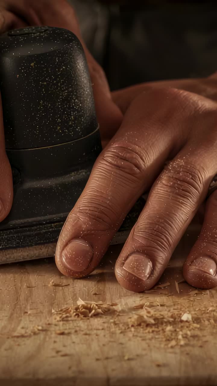 Vertical video: Guiding sander into frame, craftsman hands sanding board at workbench to finish