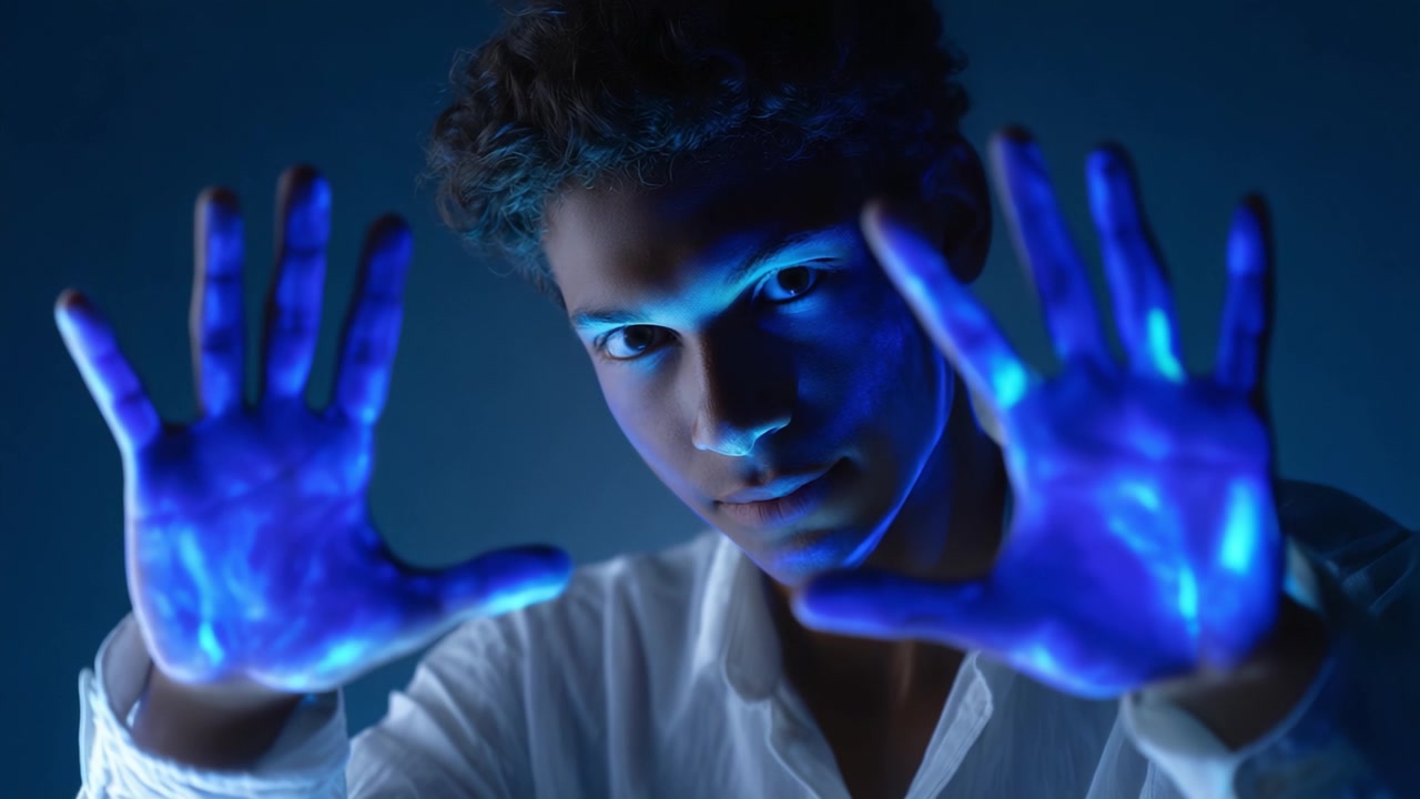 Un giovane con le mani blu luminose posa artisticamente, mostrando un effetto visivo accattivante mentre guarda direttamente nell'obiettivo con un'espressione intensa.
