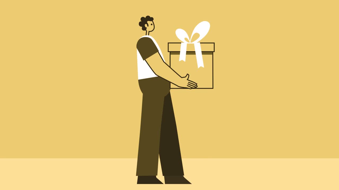 Yellow Style Man Flat Character Carries Gift Box. Isolated Loop Animation with Alpha Channel