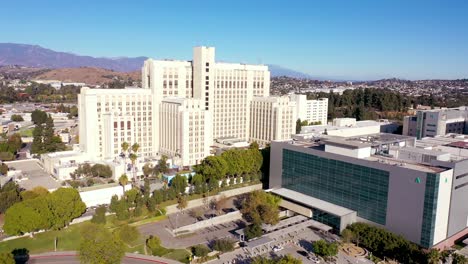 aerial establishing of the los angeles county usc medical center hospital health complex near downtown la