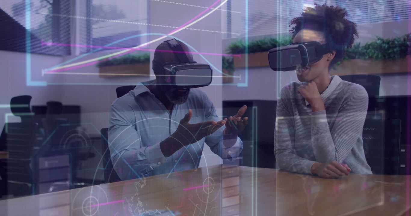 Colleagues wearing VR headsets starting market analysis in meeting, manipulating holographic charts