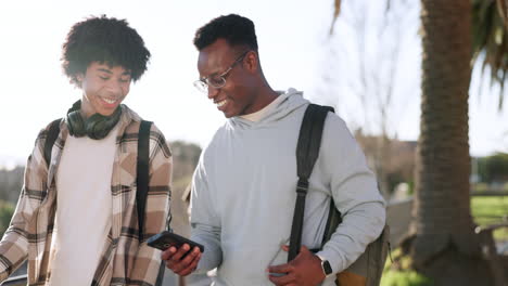outdoor, walking and students with a smartphone
