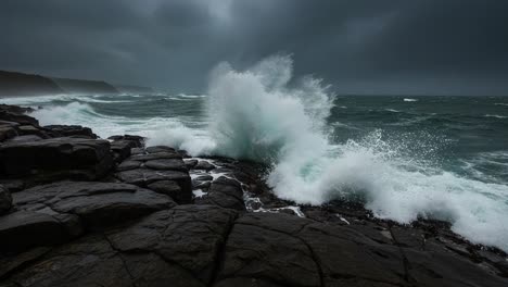 dramatic stormy ocean waves crashing against a rugged coastline