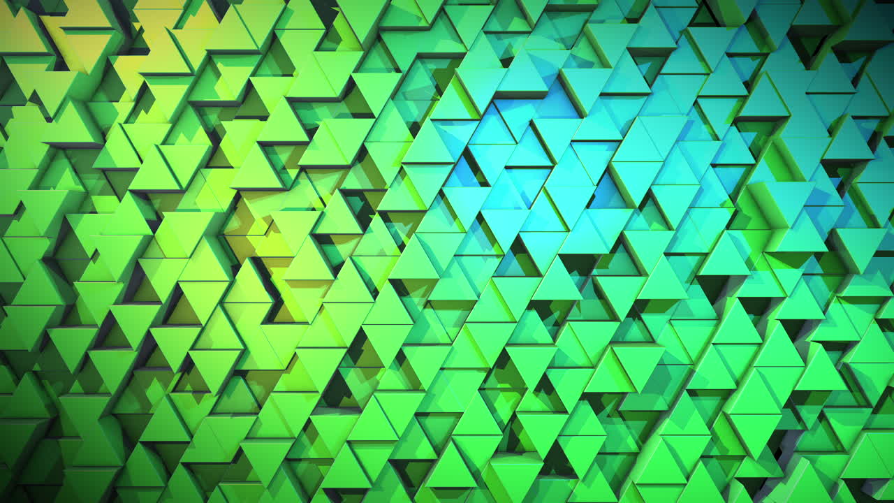 Green wall of 3D moving triangles. Embossed surface with colored light. Abstract triangular background. Geometric figures.