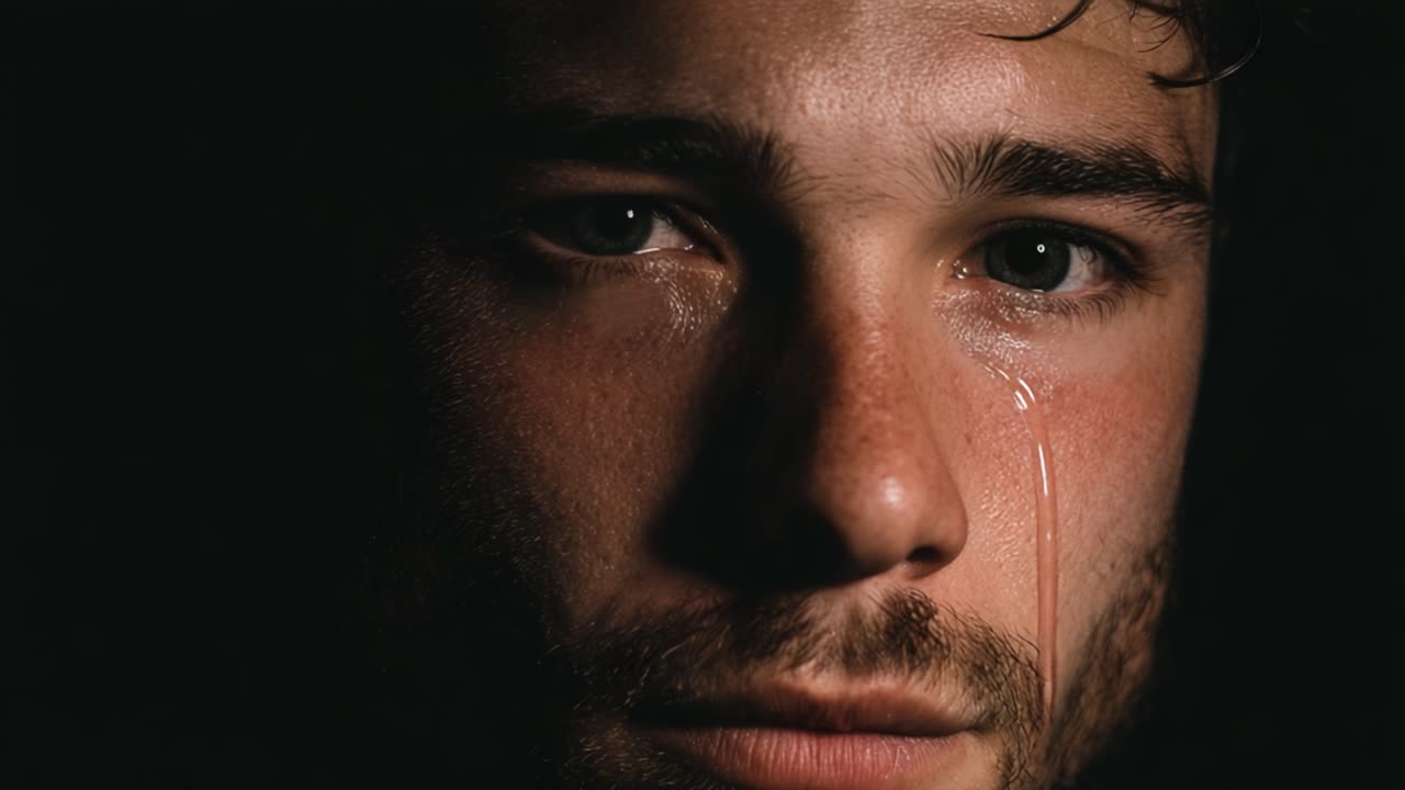 A Powerful Moment of Emotion Captured: The Expression of Sadness and Vulnerability Reflected in a Close-Up Portrait