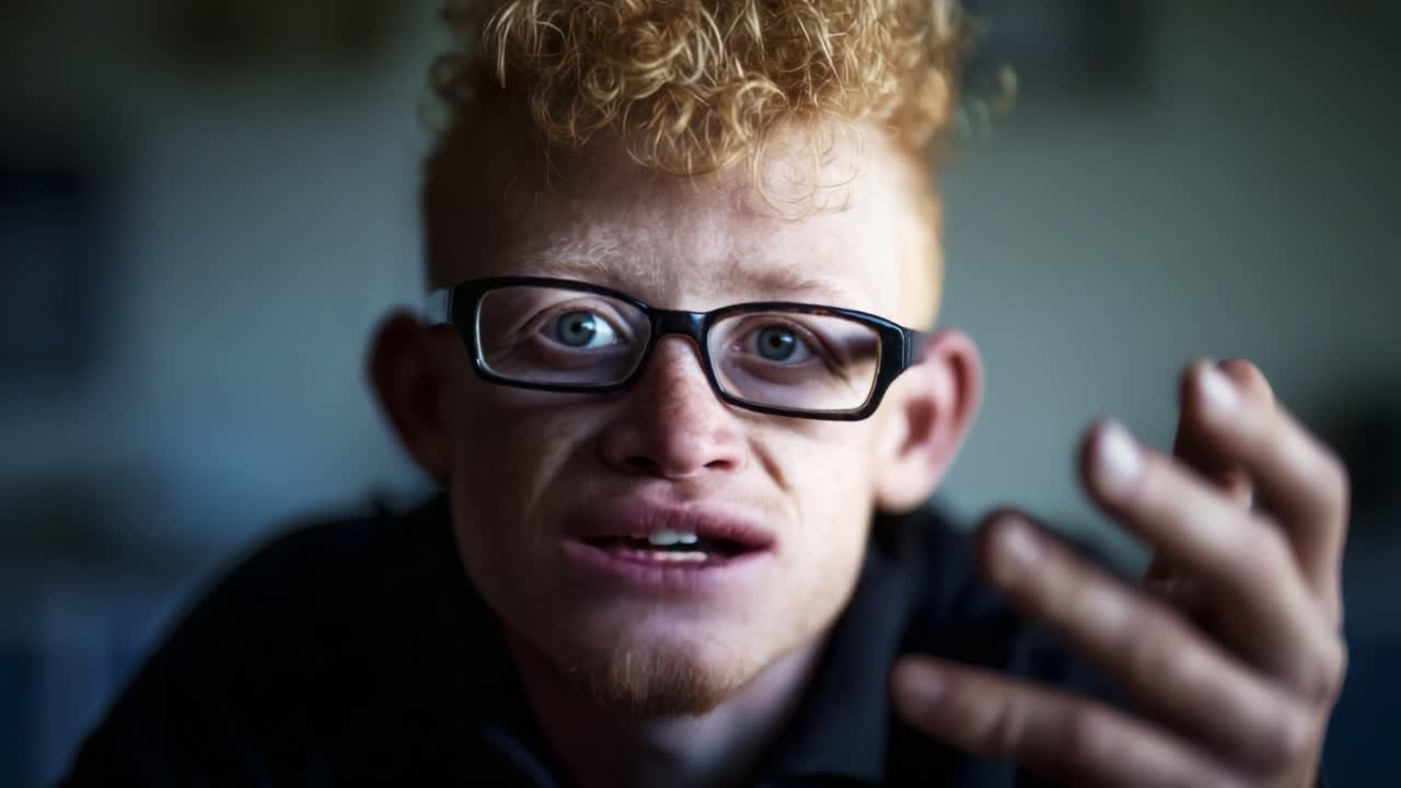 Intense Close-Up Portrait of a Person with Unique Features, Capturing a Moment of Expression and Depth in Their Eyes and Face, Engaging in an Emotional Conversation or Thought