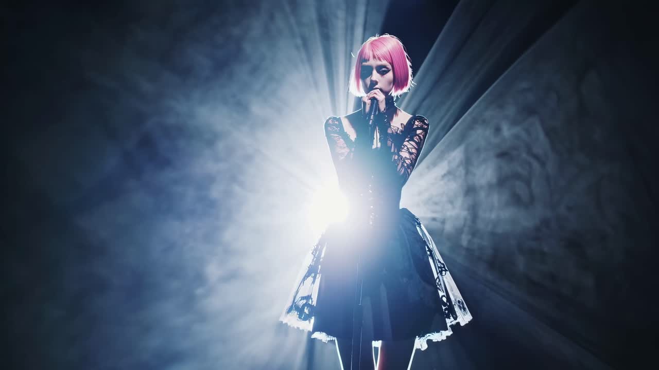 A dramatic video scene with a low-angle shot of a singer in a pink wig and black dress