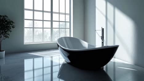 modern bathroom with freestanding bathtub and large window