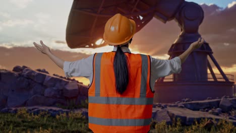 back view of a female engineer with safety helmet spreading arms while standing with large satellite dish