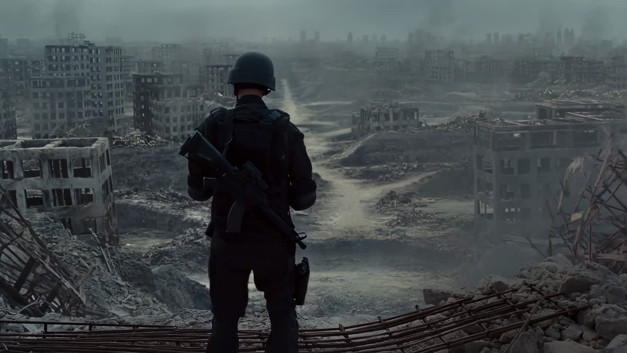Soldier Overlooking a Ruined Cityscape