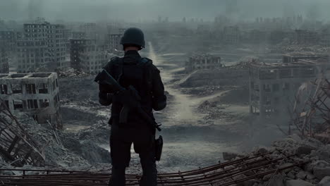soldier overlooking a ruined cityscape