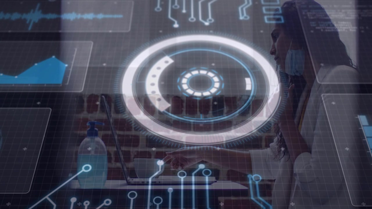 Woman holding smartphone, typing on laptop while handling tech call, managing work with HUD charts