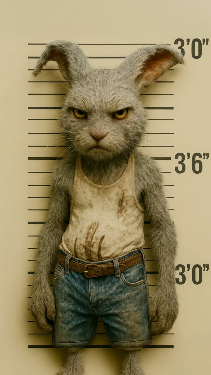 A playful rabbit character in a humorous mugshot style embodies mischief and creativity