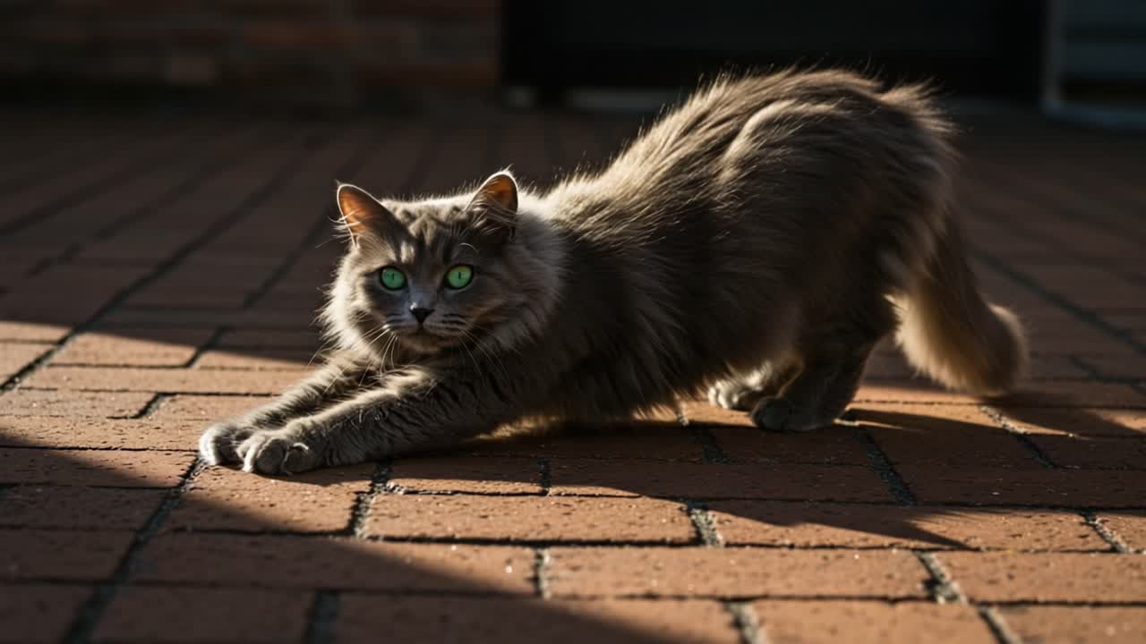 A Playful and Graceful Cat Stretching in the Sunlight: Capturing the Elegance of Feline Flexibility and Poise in a Warm Outdoor Setting