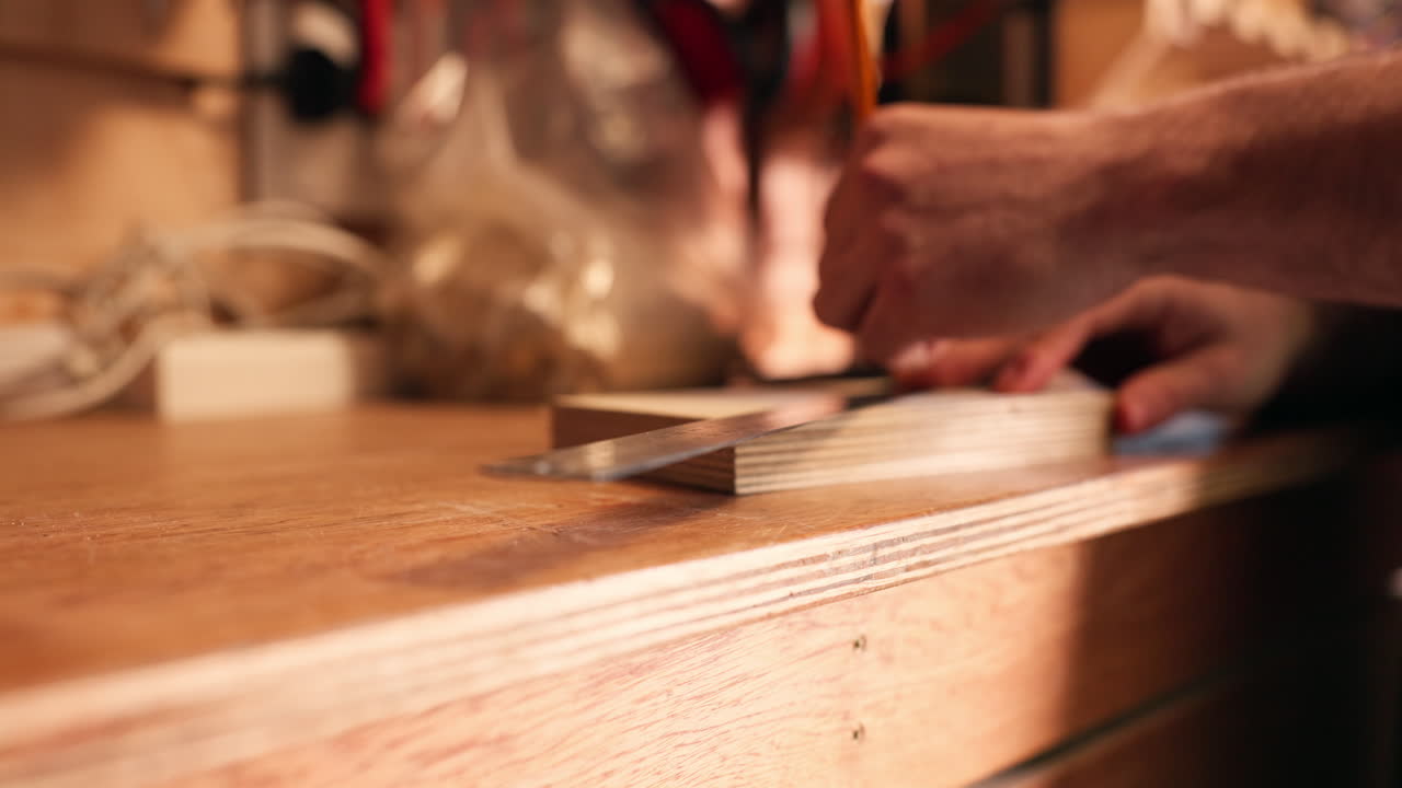 lápiz, manos de carpintero y madera para medir la línea