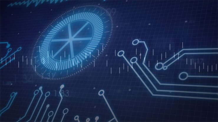 Circuit lines branching across blue grid, radial gauge rotating with glowing numeric markers