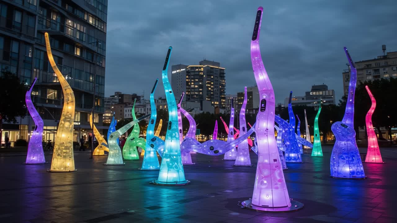 A Vibrant Display of Illuminated Sculptures at Dusk, Showcasing a Mesmerizing Array of Colorful Lights that Transform the Urban Landscape into a Dreamlike Scene