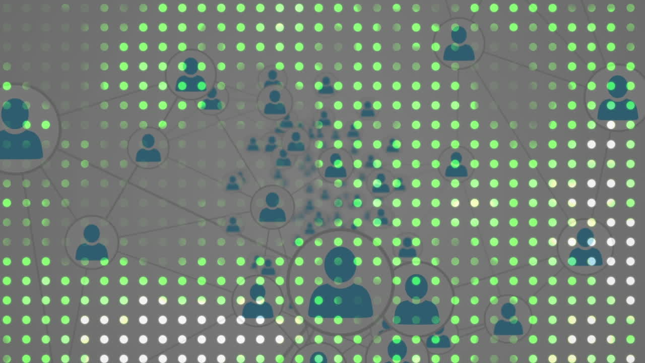 animación de filas de puntos y iconos de personas con red de conexiones