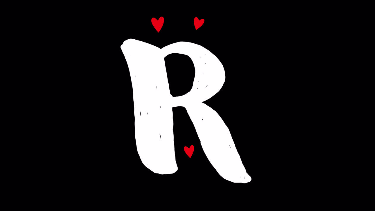 Lettre R animée dessinée à la main avec des cœurs rouges sur fond noir