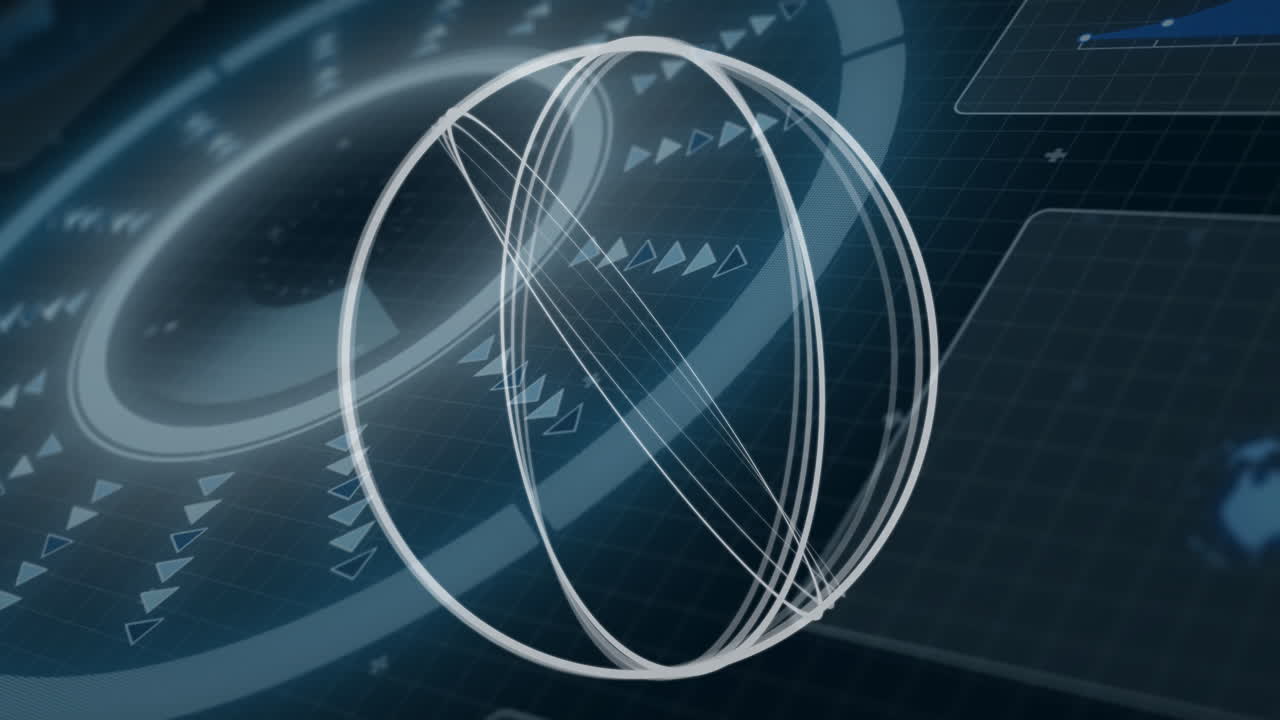 Animation of digital sphere rotating with geometric patterns on futuristic interface