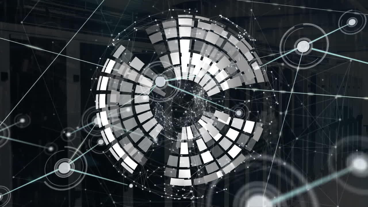 animación del globo y la red de conexiones a través de la sala de servidores